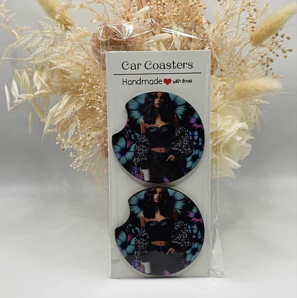 Teal Daisies & Woman Car Coasters