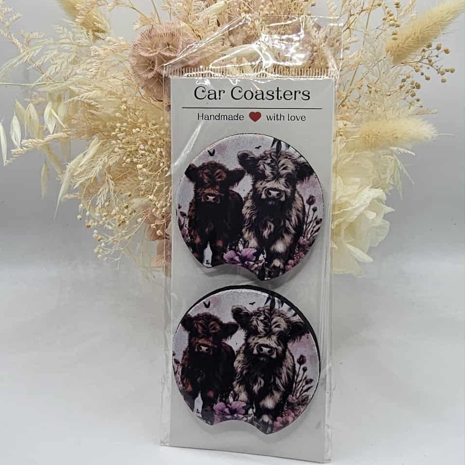 Highland Cow Calves Car Coasters