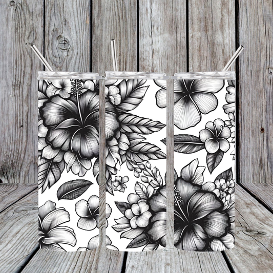 Hibiscus greyscale line drawing