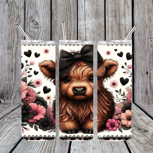 Highland Cow - Black & Pink flowers