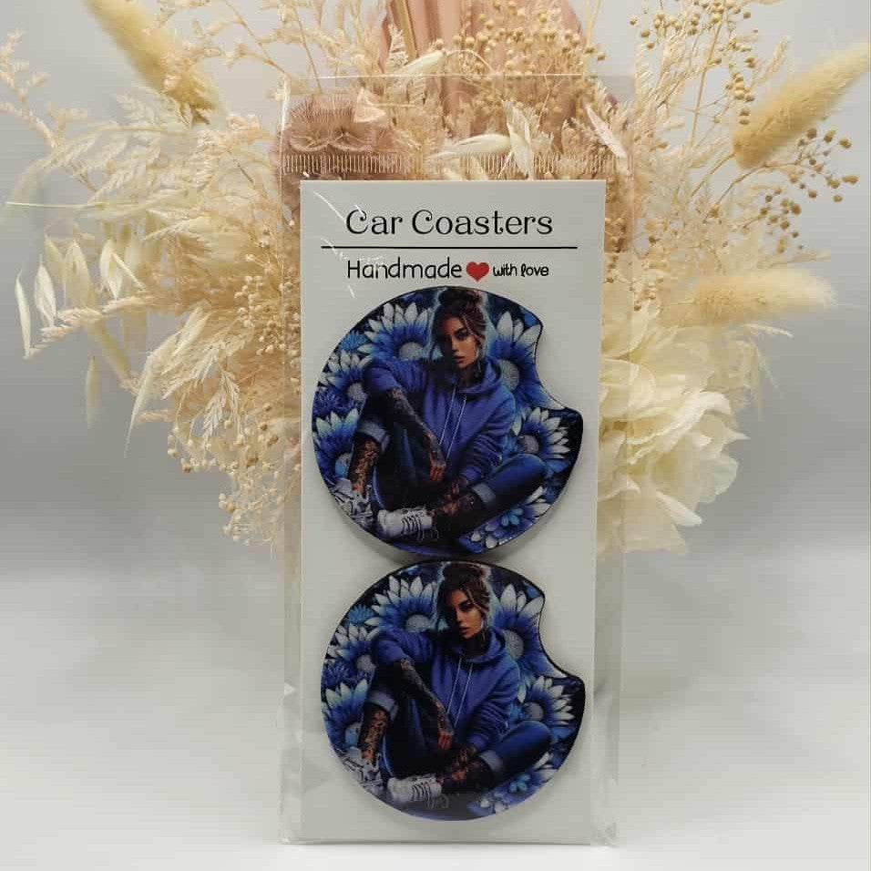 Blue Tattoo Girl Car Coasters